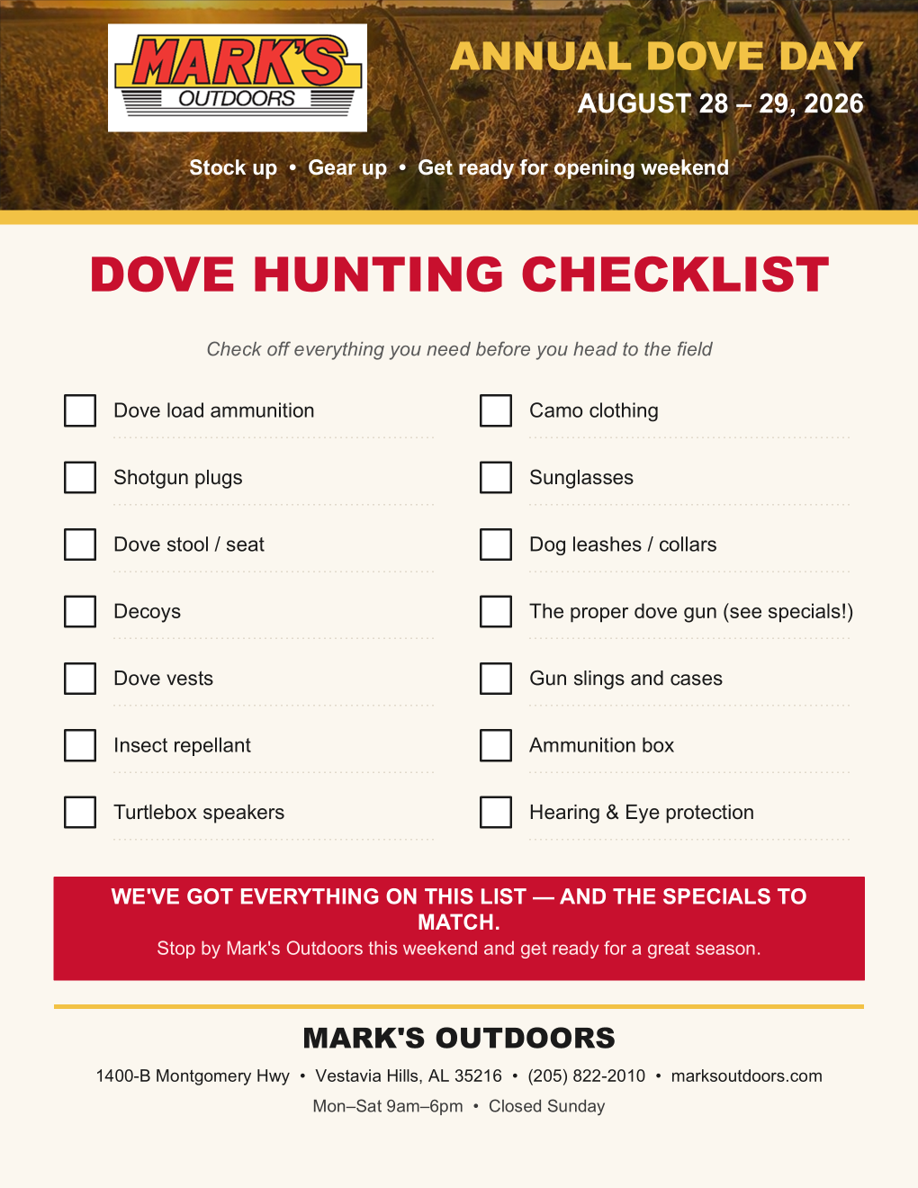 Dove Season Checklist
